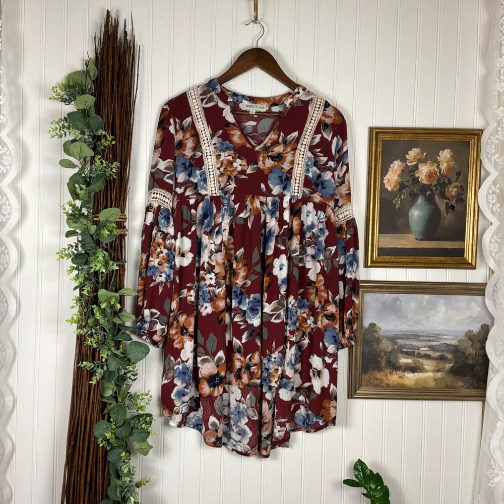 Tassels N Lace Floral Babydoll Tunic Top Womens Small Burgundy Excellent Boho